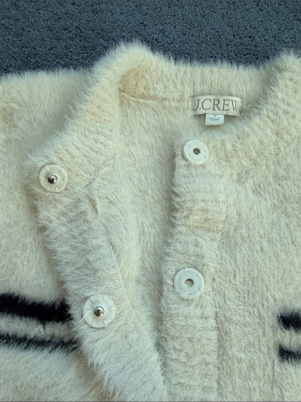 J. Crew Cream Fuzzy Cardigan with Black Pocket Stripes